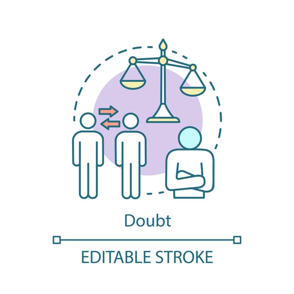 icona del concetto di dubbio. illustrazione della linea sottile dell'idea di scelta. persona insicura. informazioni dubbie. mancanza di confidenza. rischiare l'incertezza. uomo indeciso. disegno di contorno isolato vettoriale. tratto modificabile vettore