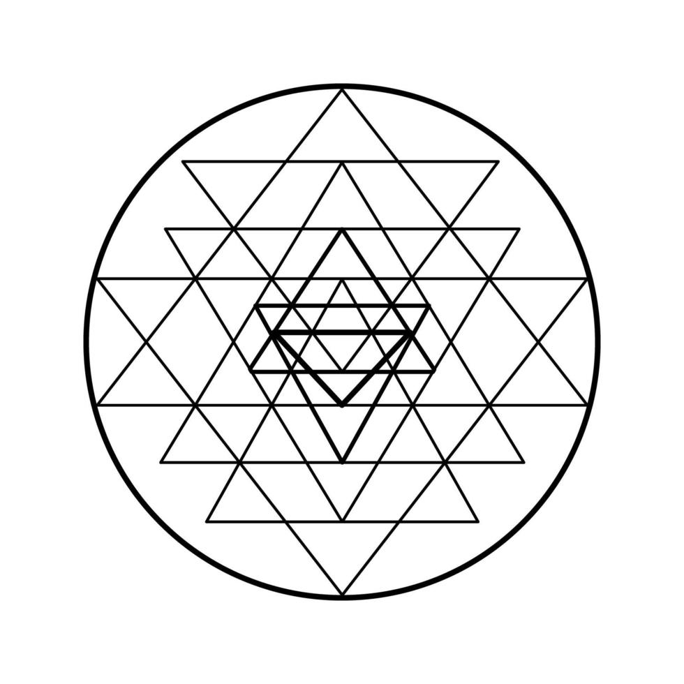 simbolo di shri yantra chakra, diagramma mistico cosmico con stelle su sfondo scuro. illustrazione della geometria sacra. vettore