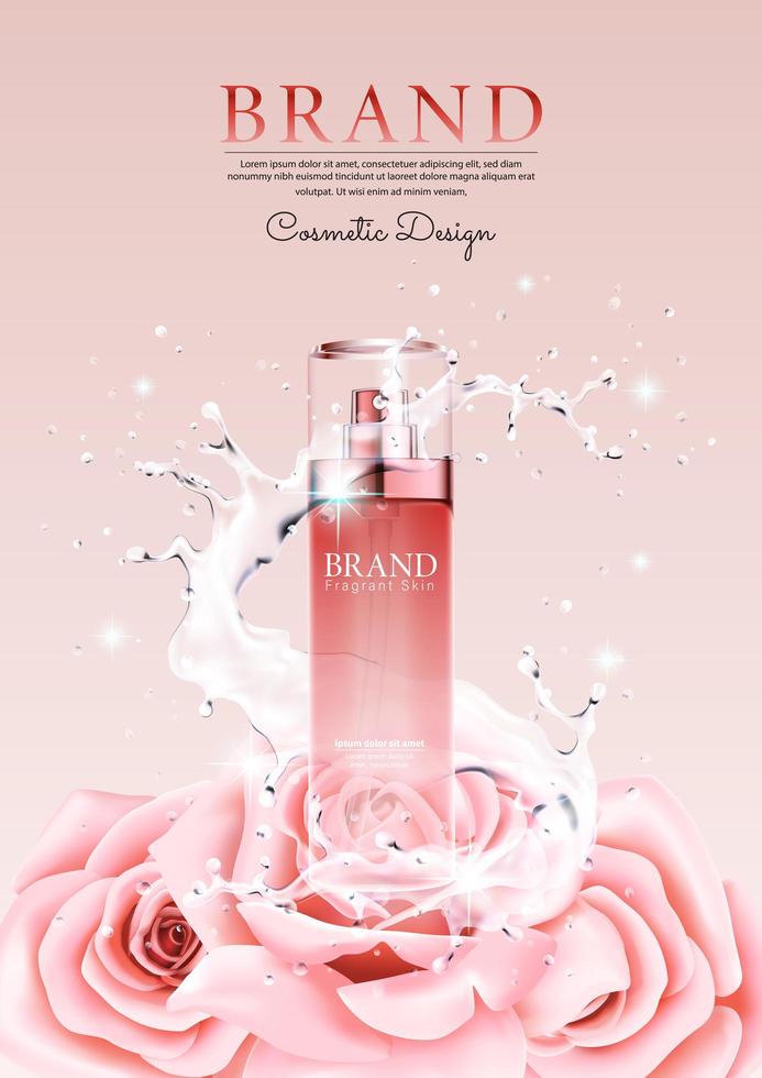 crema pubblicitaria con spruzzi d'acqua e petali di rose vettore