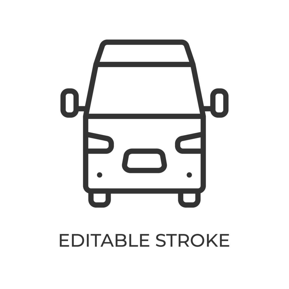icona della linea di vista frontale del furgone. trasporto via terra. utilizzato per il trasporto di merci, passeggeri e consegna. illustrazione vettoriale isolato su sfondo bianco. tratto modificabile.