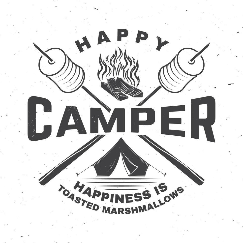 felice campeggiatore. la felicità è marshmallow tostato. illustrazione vettoriale. design tipografico vintage con tenda da campeggio, falò, marshmallow vettore