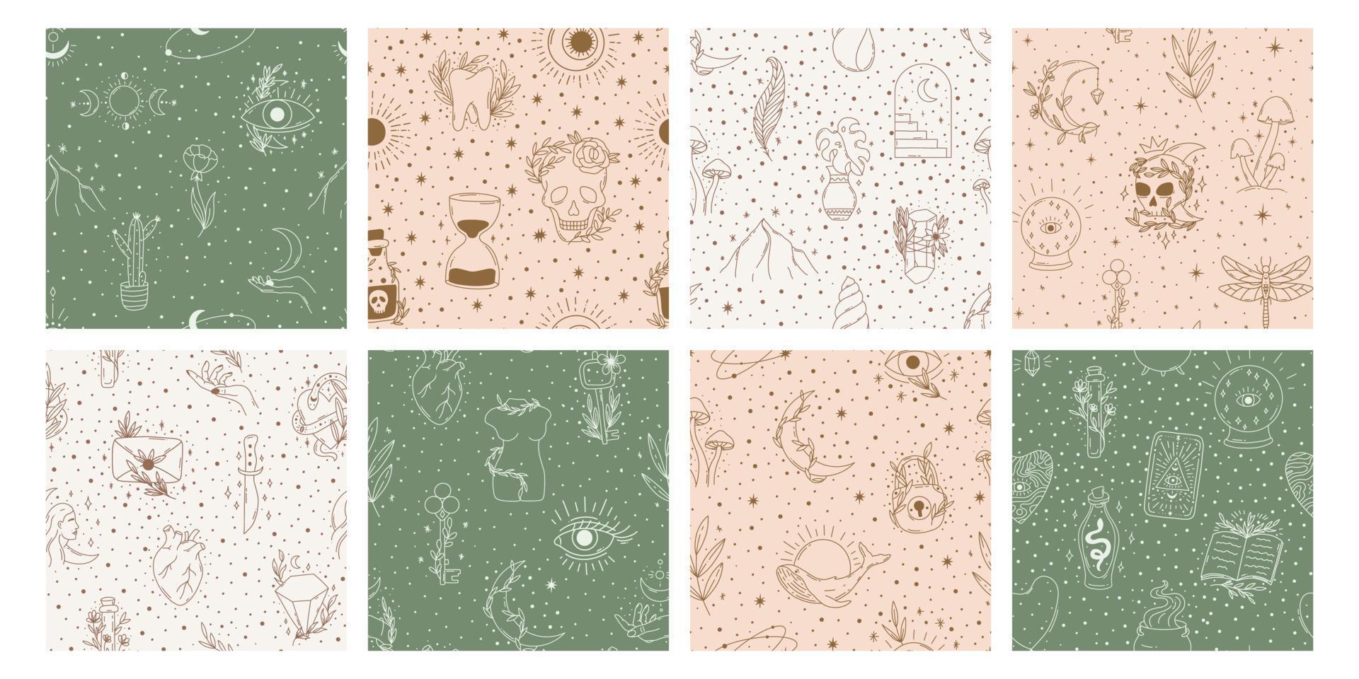 modello senza cuciture magico contemporaneo. funghi mistici vettoriali, luna, foglia, chiave, sfera di cristallo, palella. sfondo boho pastello in una parete di illustrazione vettoriale in stile minimalista di metà secolo