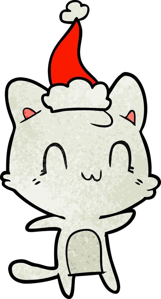 cartone animato strutturato di un gatto felice che indossa il cappello di Babbo Natale vettore