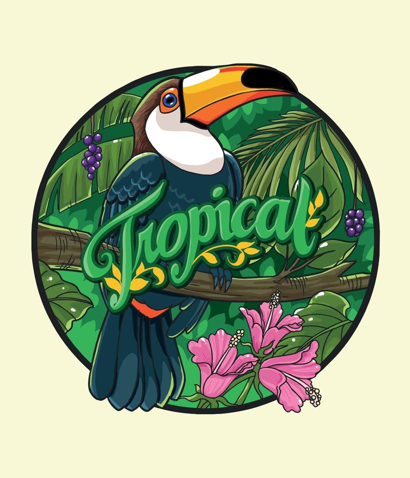 illustrazione verde tropicale carino tucano vettore