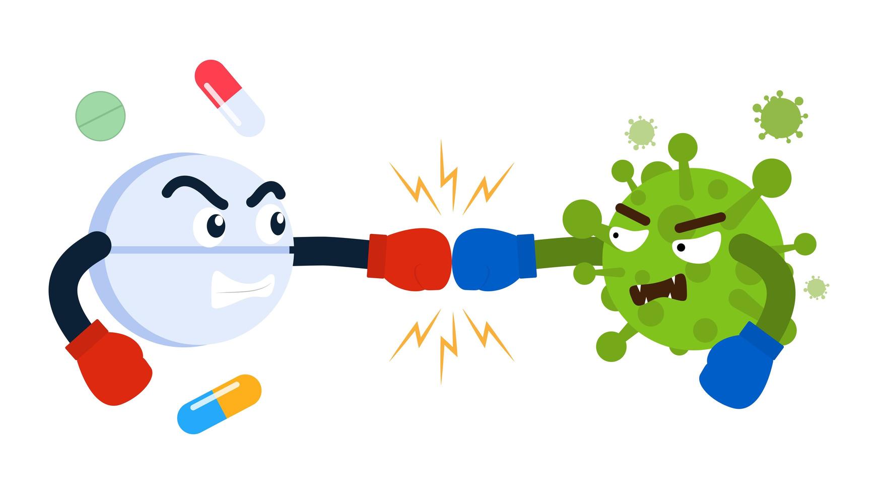 pillola di cartone animato in lotta con il virus vettore