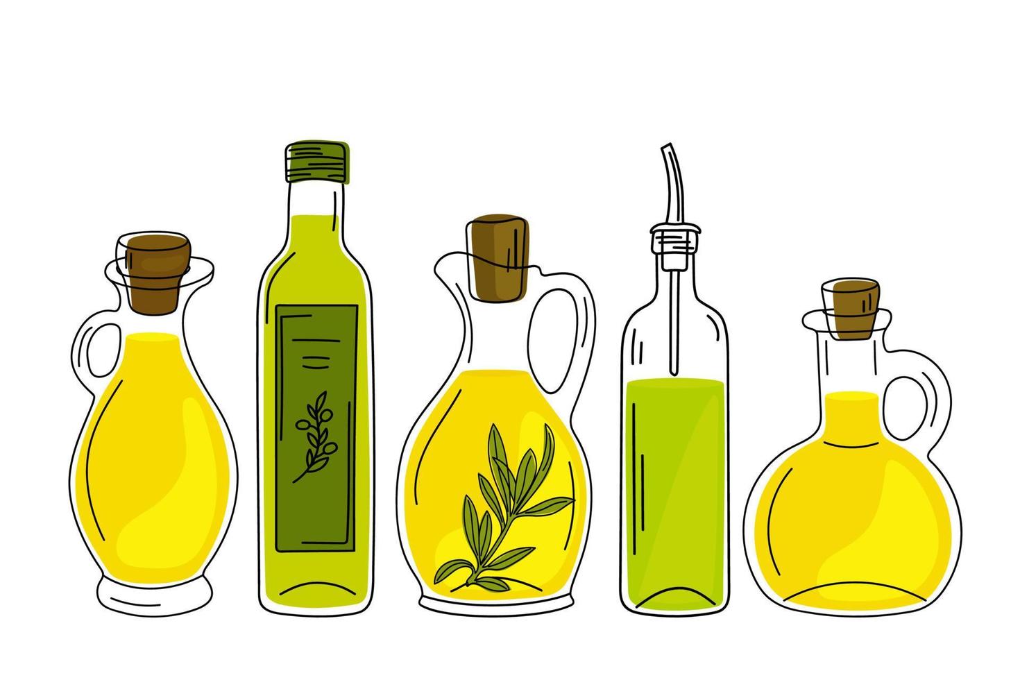 set di bottiglie di vetro disegnate a mano con olio d'oliva. vettore