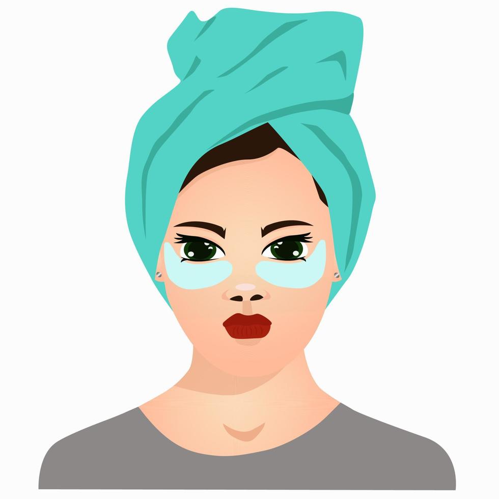 donna carina con un asciugamano blu in testa e con cerotti cosmetici sotto gli occhi. vettore