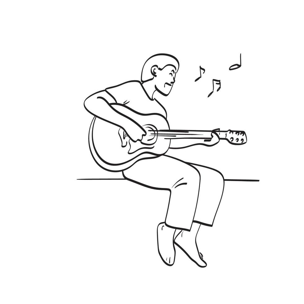 lunghezza intera del chitarrista maschio seduto e suonare la chitarra acustica illustrazione vettore disegnato a mano isolato su sfondo bianco line art.