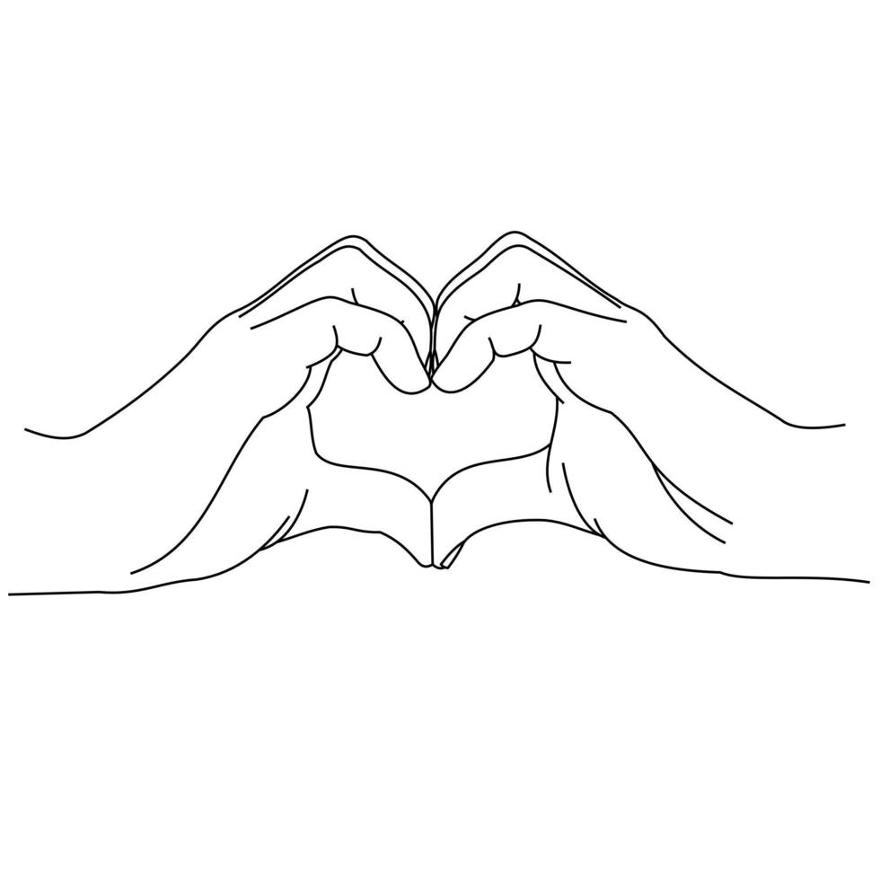 illustrazione linea di disegno di un primo piano mani di donna e uomo che mostrano il segno o la forma di cuori. gesto della mano del cuore. mani di due persone innamorate che fanno il cuore con le dita. design a cuore per camicia o giacca vettore