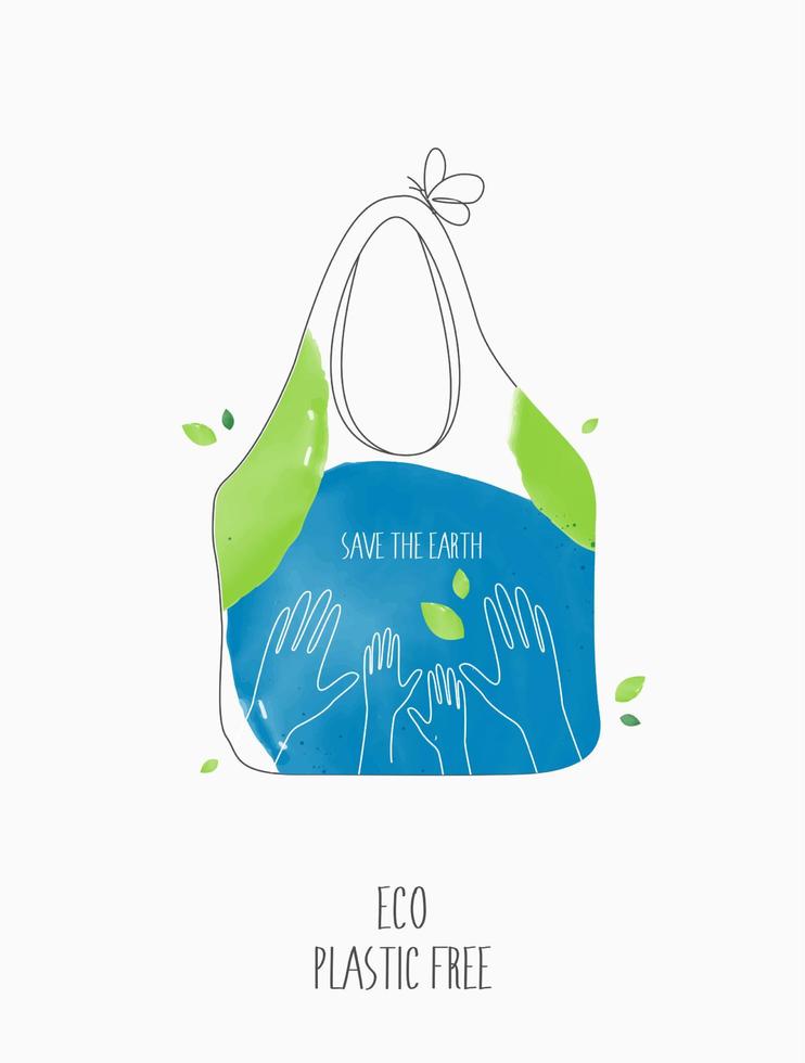 ecologico senza plastica. no ai sacchetti di plastica e polietilene con germoglio verde e foglie. giorno della terra dell'ambiente sul concetto di conservazione della foresta dell'erba del campo della natura. disegno vettoriale