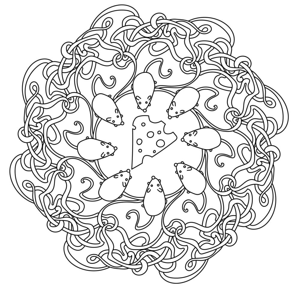 mandala aggrovigliato astratto con simpatici topi attorno a un pezzo di formaggio e nastri intrecciati attorno al bordo, animali da colorare antistress vettore