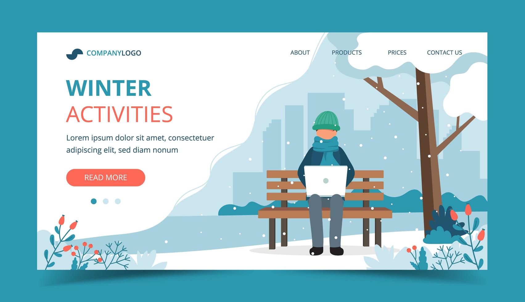 uomo sulla panchina in inverno con landing page portatile vettore