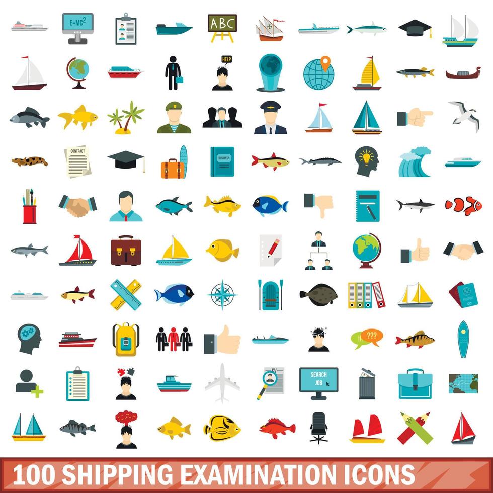 100 icone di esame di spedizione impostate, stile piatto vettore