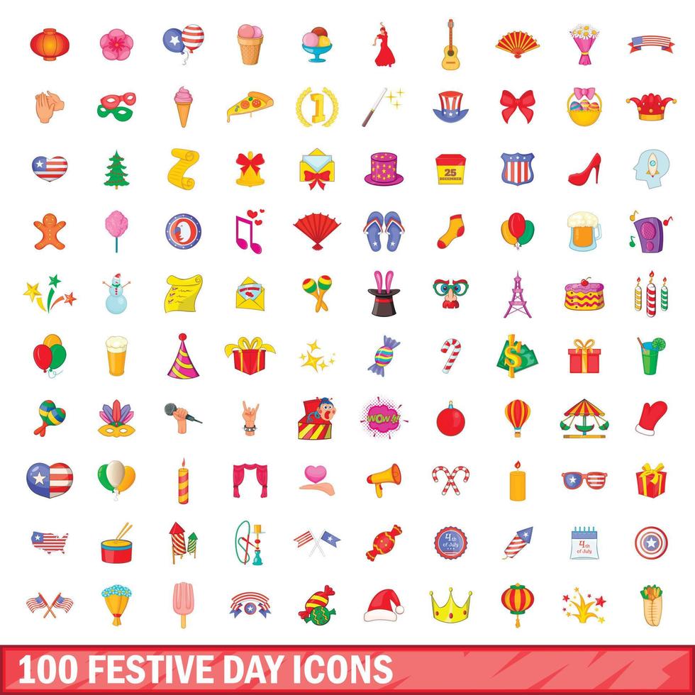 100 set di icone di giorno festivo, stile cartone animato vettore