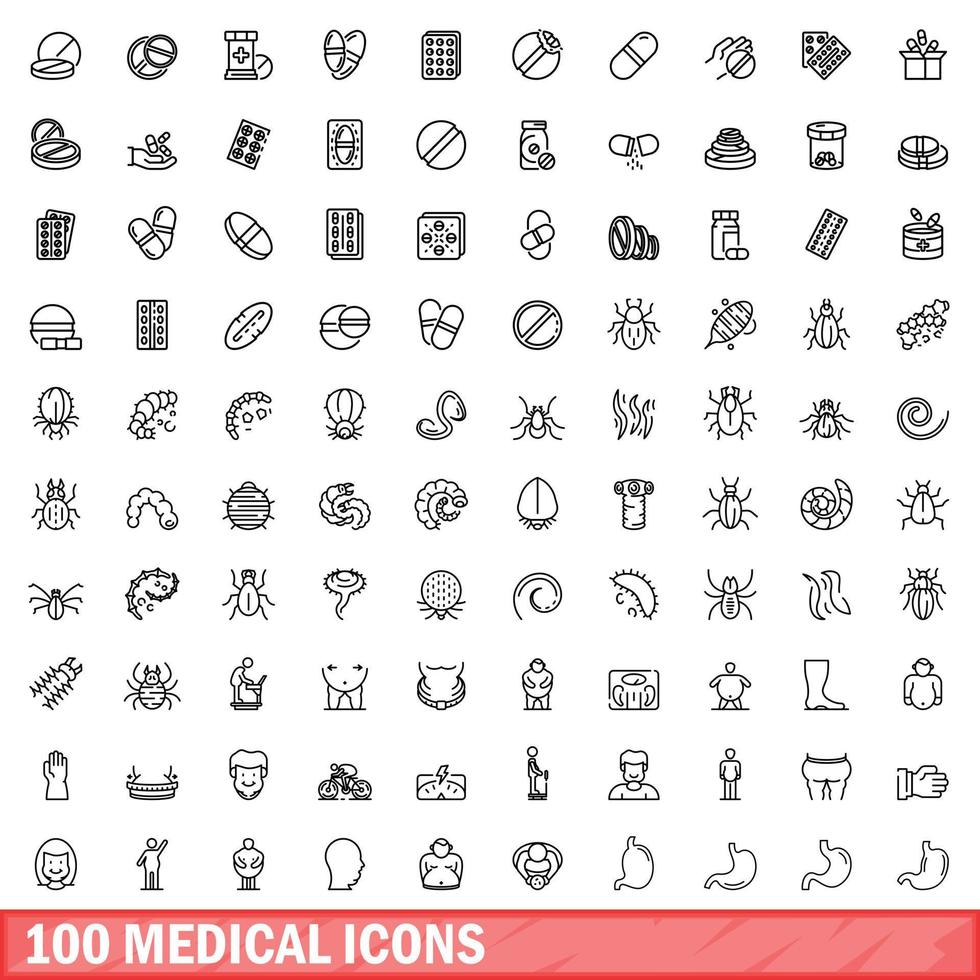 100 icone mediche impostate, stile contorno vettore