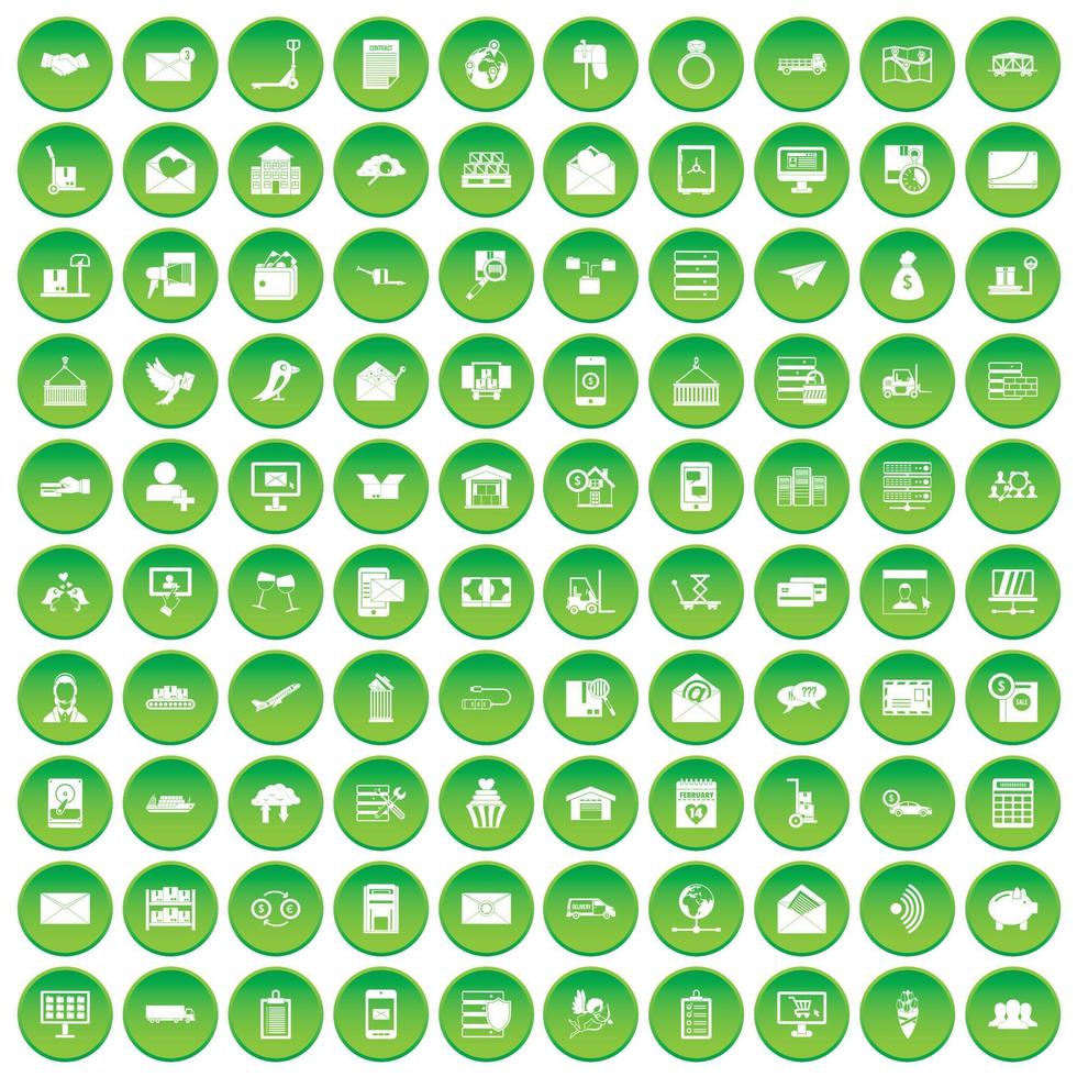 100 icone del servizio postale impostano un cerchio verde vettore