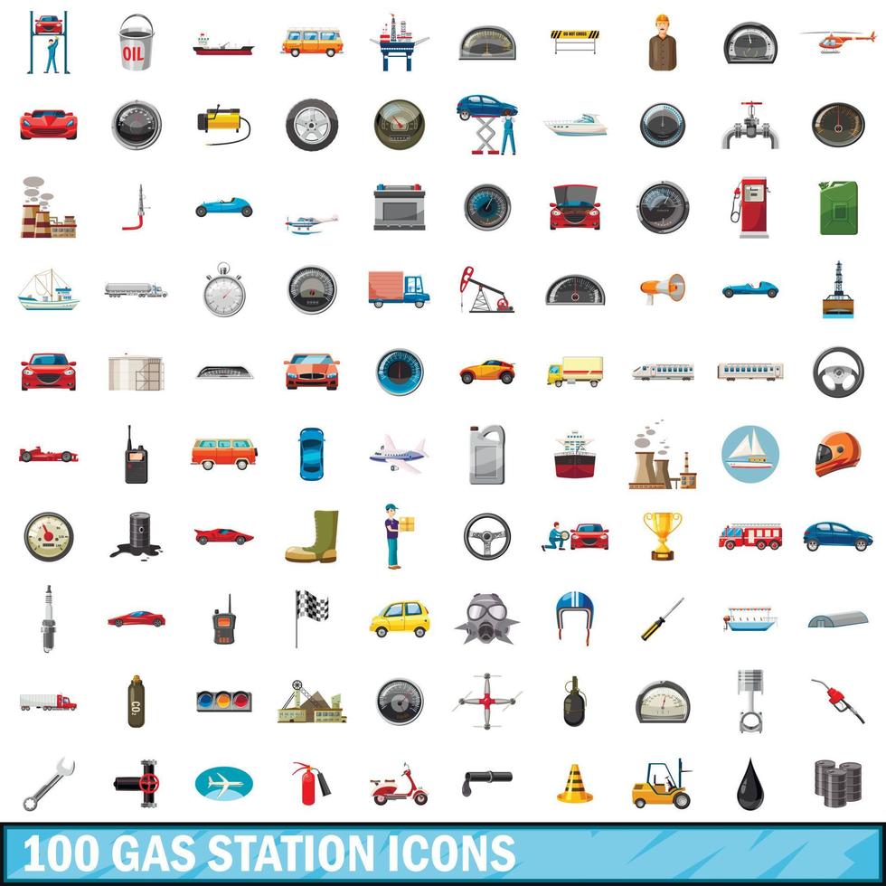 100 icone della stazione di servizio, stile cartone animato vettore