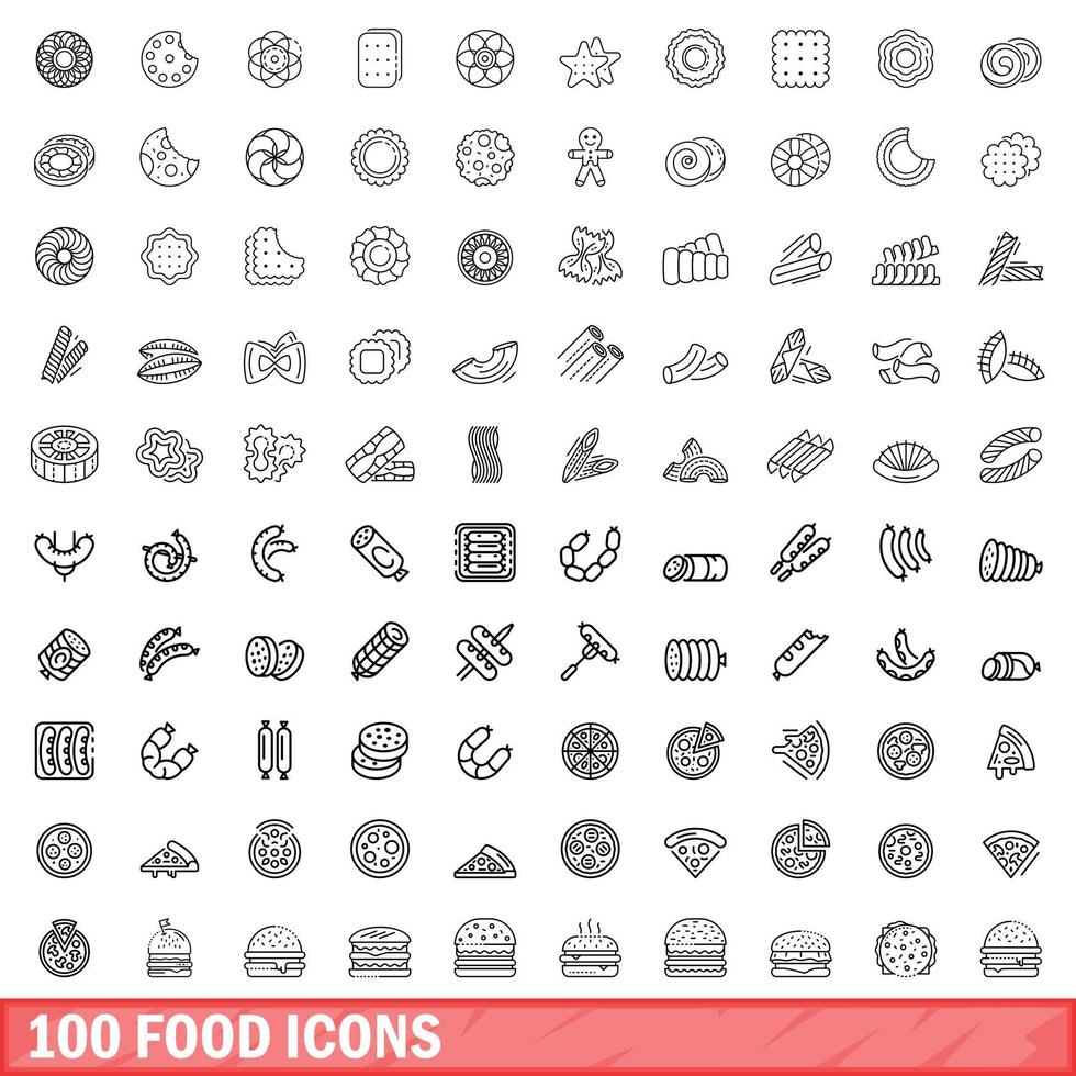 100 icone di cibo impostate, stile contorno vettore