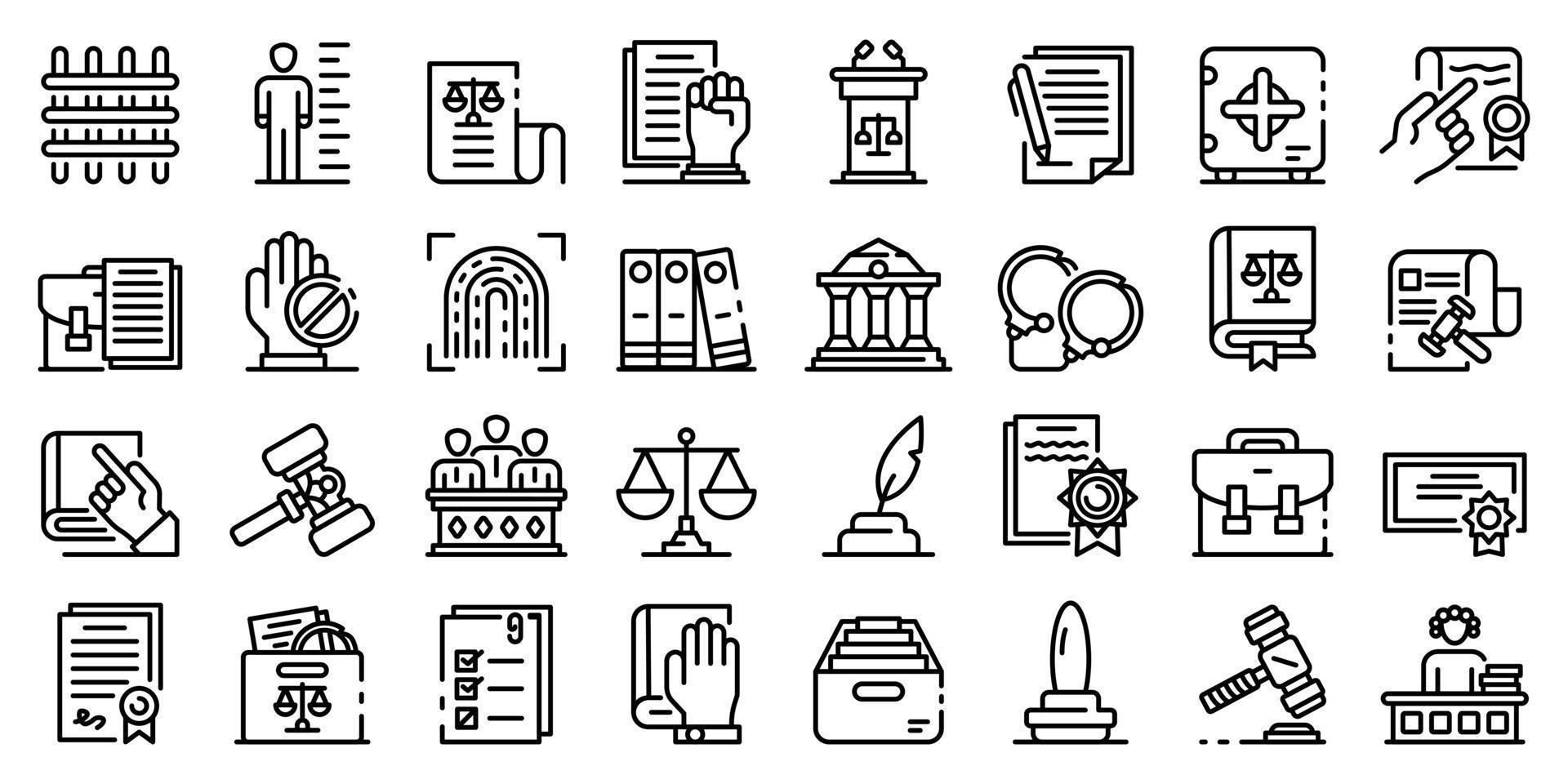 legislazione set di icone, stile contorno vettore