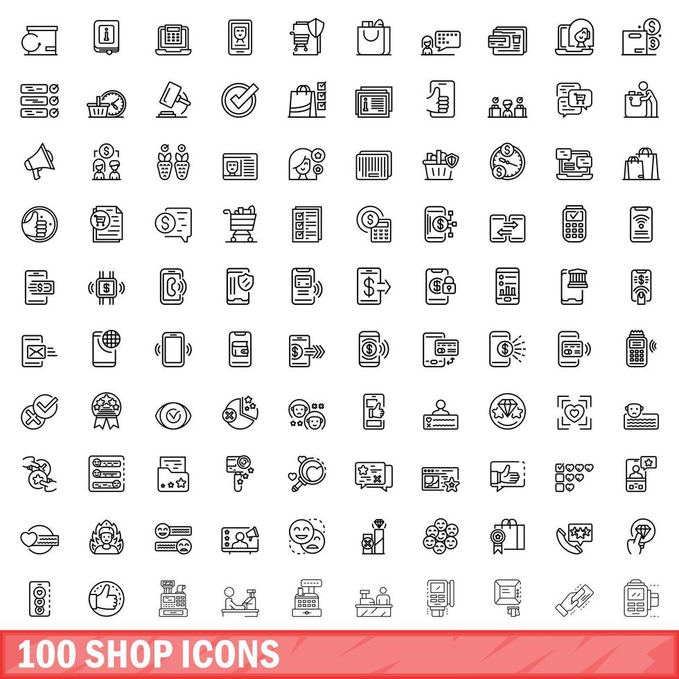 100 icone del negozio impostate, stile contorno vettore