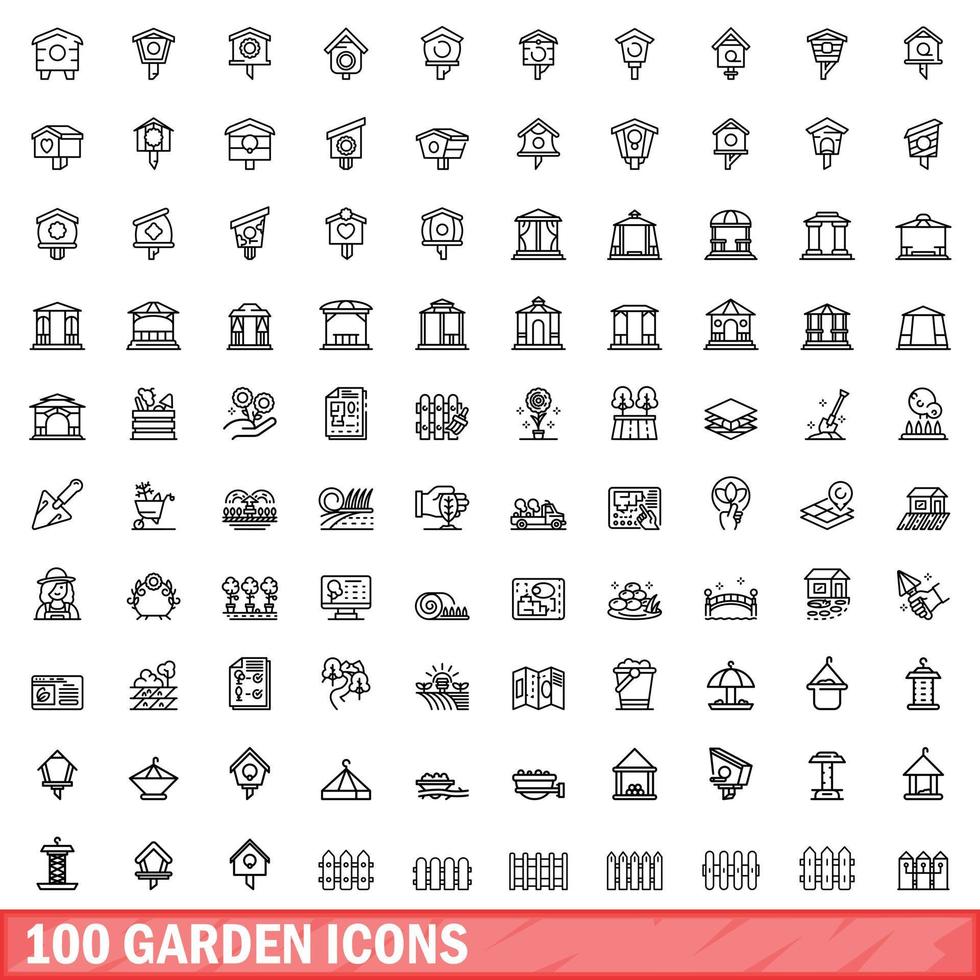 100 icone del giardino impostate, stile contorno vettore