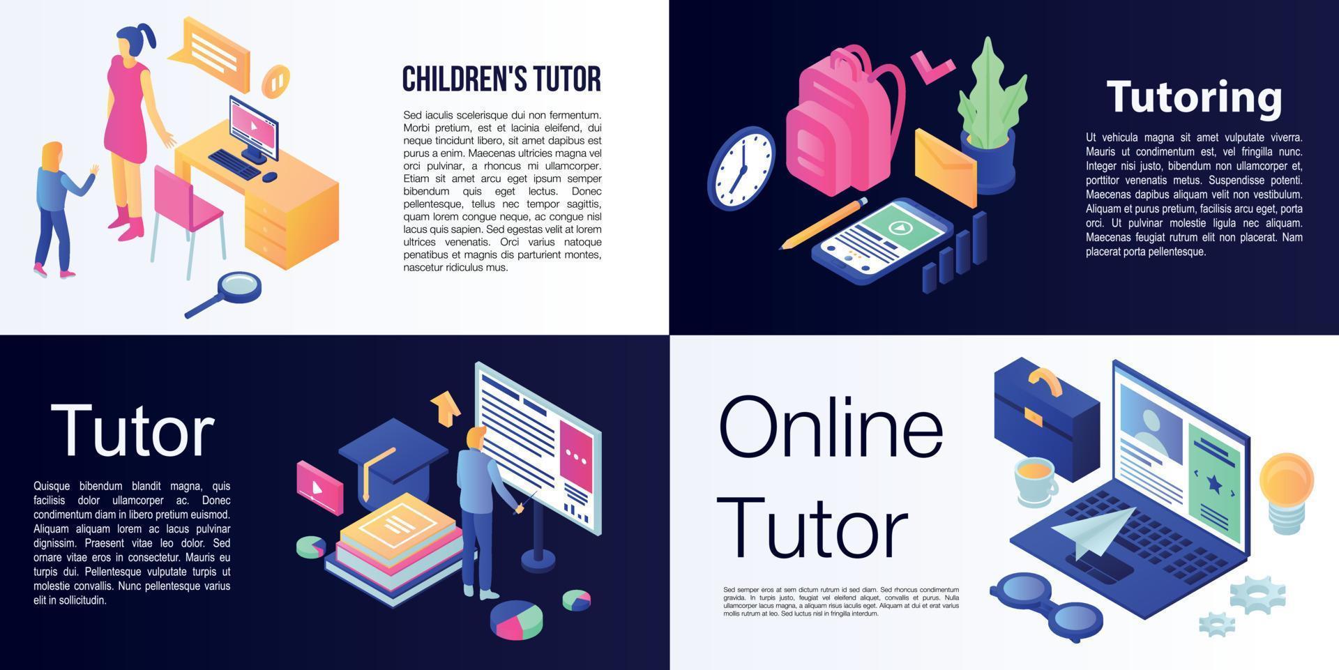 set di banner tutor, stile isometrico vettore