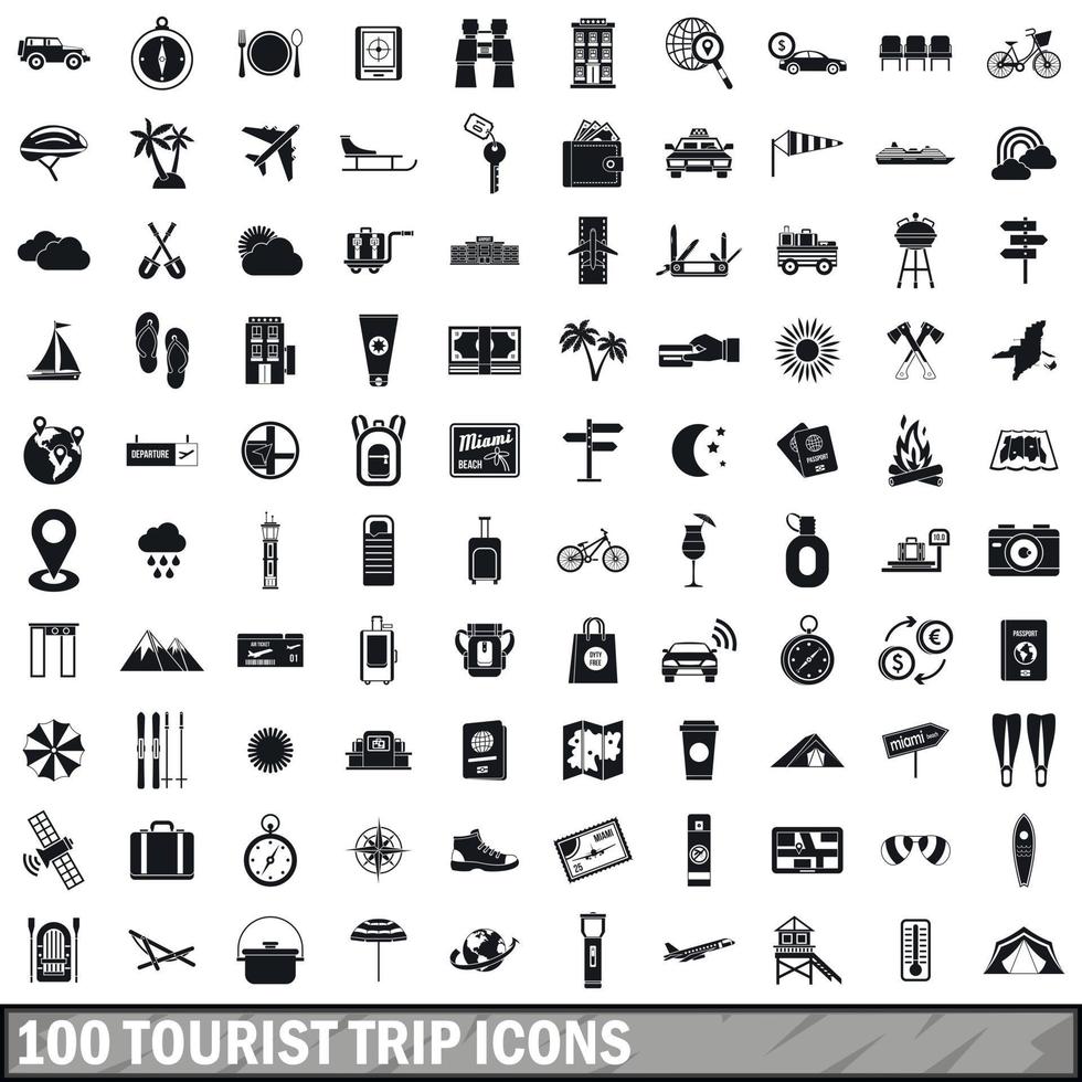 100 set di icone di viaggio turistico, stile semplice vettore