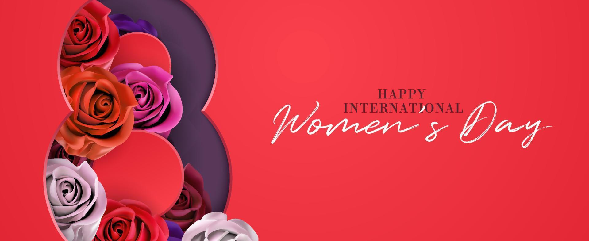 Banner 3d alla moda per la festa della donna internazionale dell'8 marzo con vettore modello di sfondo colorato fiore rosa