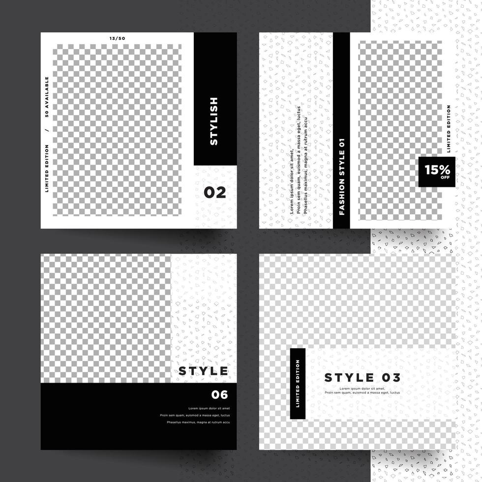 set di eleganti modelli di layout di post promozionali per social media in bianco e nero di moda minimale vettore