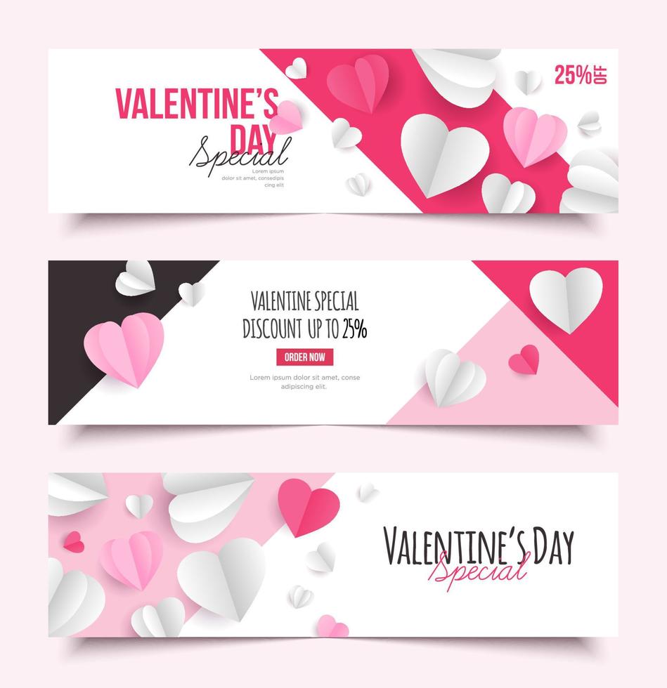 set di banner orizzontale in vendita di san valentino, cornice di sfondo di amore geometrico piatto con modello vettoriale eps10 di cuori di carta