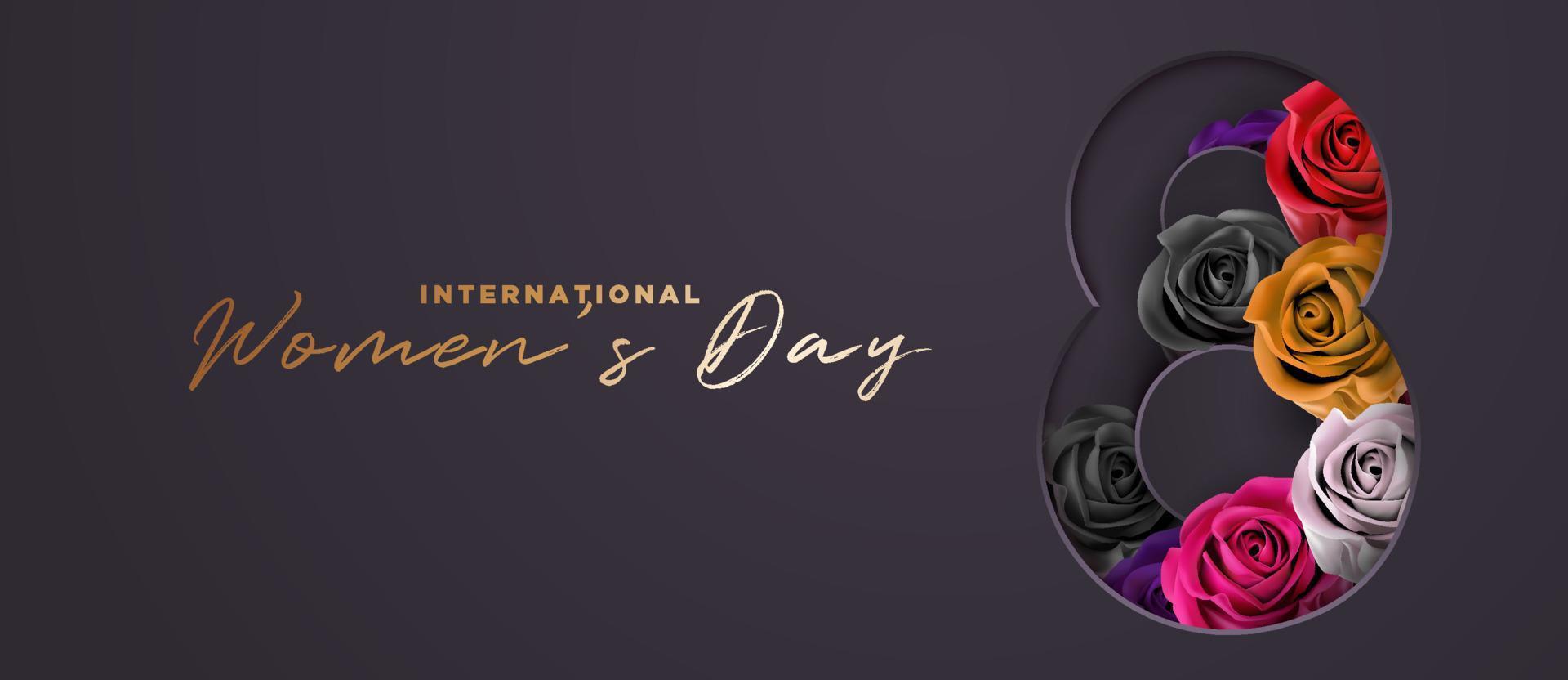 elegante lusso nero e oro con fiore rosa colorato 8 marzo festa internazionale della donna banner modello di sfondo vettore