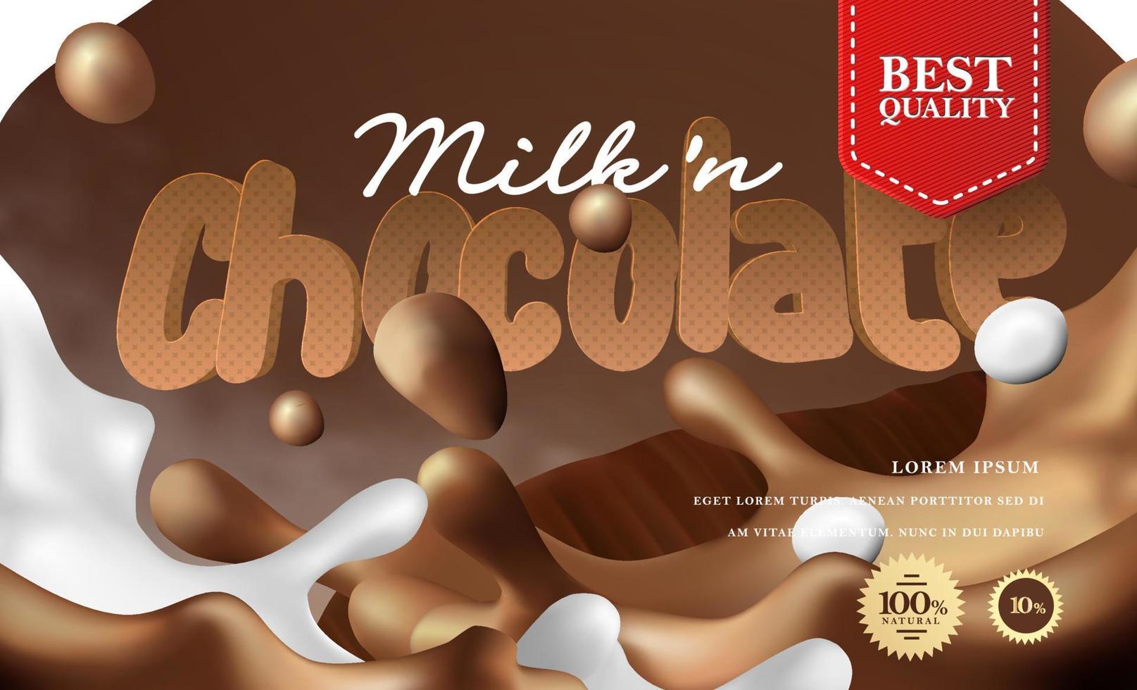 Illustrazione realistica della scena della spruzzata del liquido del latte alla vaniglia e del cioccolato 3d. vettore di pubblicità di prodotti di cioccolato