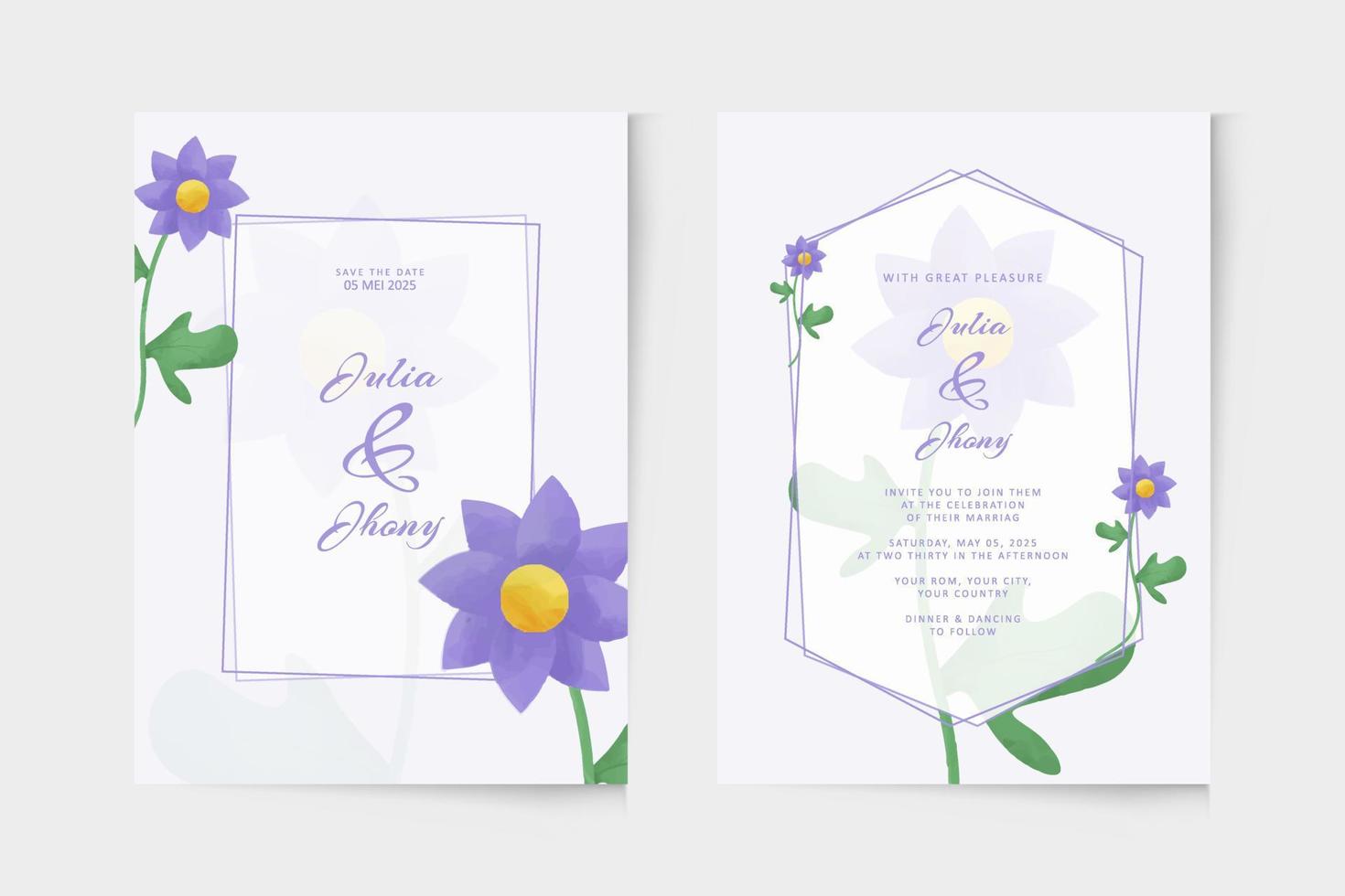 semplice modello di invito a nozze con ornamento ad acquerello fiore viola vettore