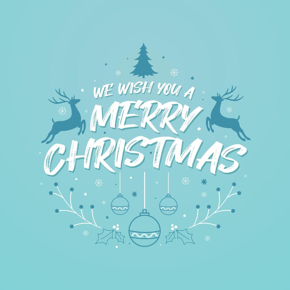 ti auguriamo un buon Natale, un buon biglietto di auguri di Natale con fiocchi di neve, foglie di agrifoglio, stelle, cervi e altri elementi decorativi di Natale. vettore