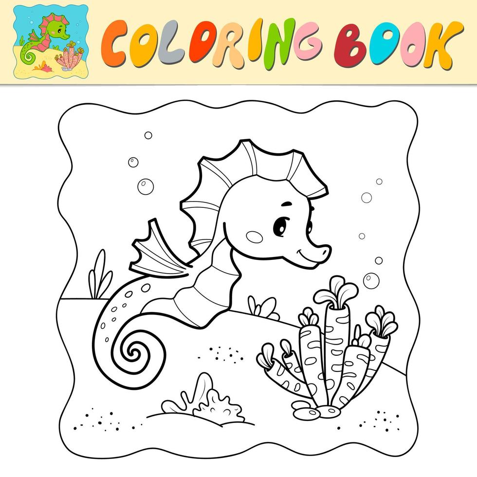 libro da colorare o pagina da colorare per bambini. vettore in bianco e nero di cavalluccio marino. fondo marino