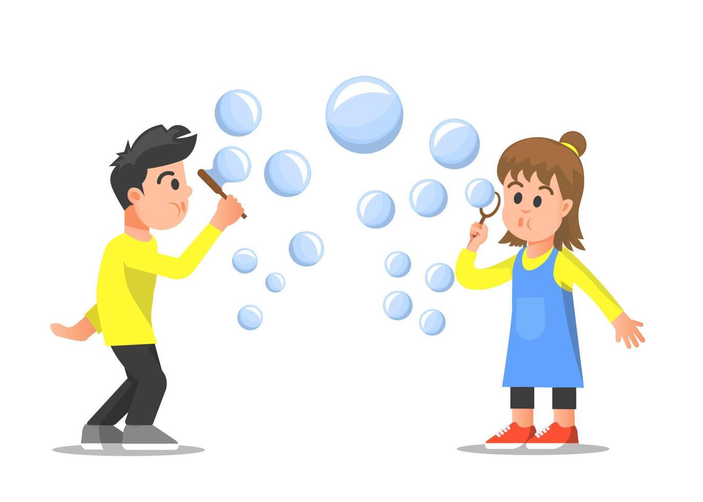 due bambini che giocano a bolle di sapone vettore