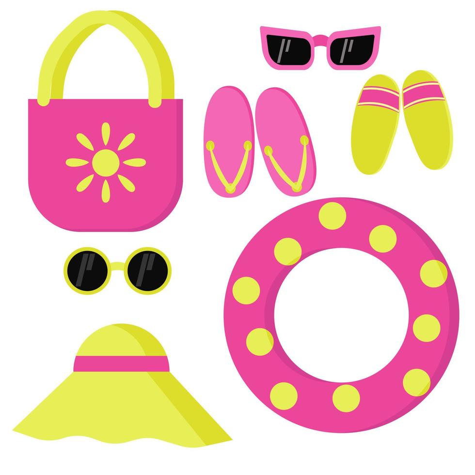 set di luminosi oggetti estivi per vacanze al mare, accessori di rose gialle isolati su bianco vettore