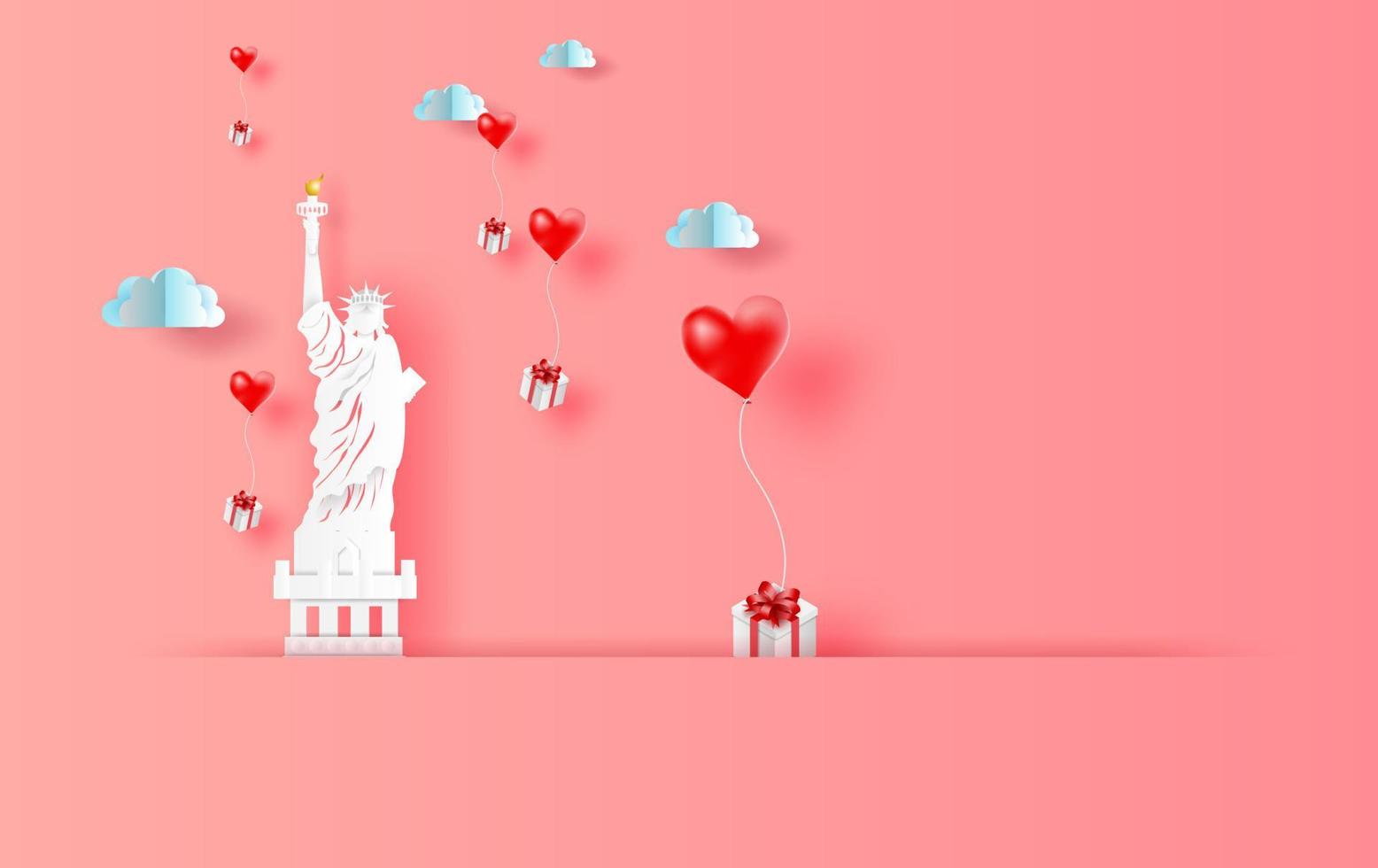 Arte di carta 3d di illustrazione di palloncini rossi cuore regalo fluttuante nel cielo con vista paesaggio ombra scena luogo per il tuo spazio di testo nella statua della libertà new york usa, vettore di concetto di vacanza