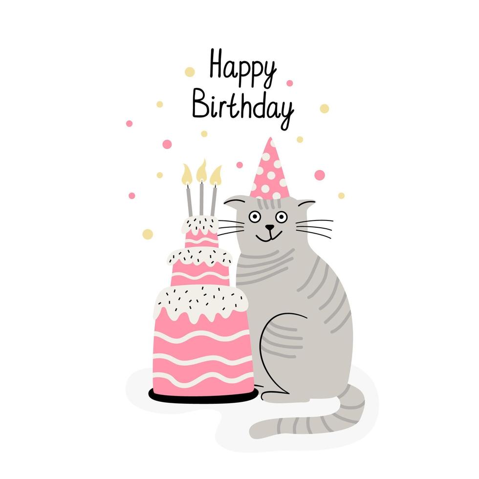 carta di compleanno con gatto e torta e candele vettore