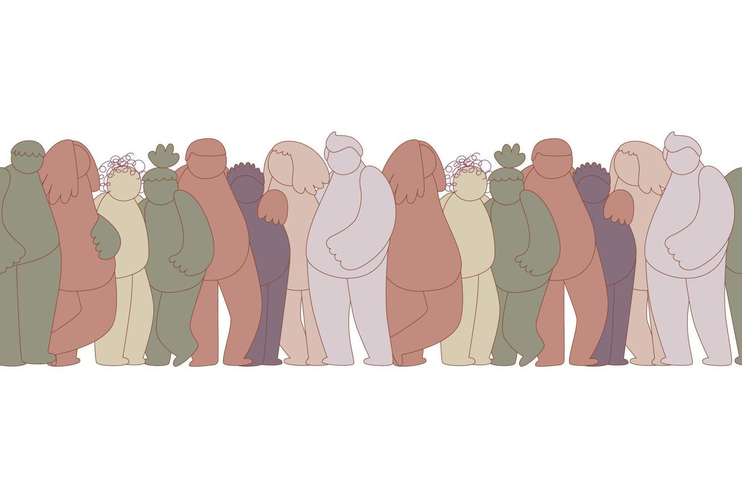 gruppo di confine senza soluzione di continuità orizzontale di persone diverse astratte. amici, colleghi, volontari in piedi, abbracciati. personaggi di doodle dei cartoni animati. lavoro di squadra, stare insieme, concetto di amicizia vettore