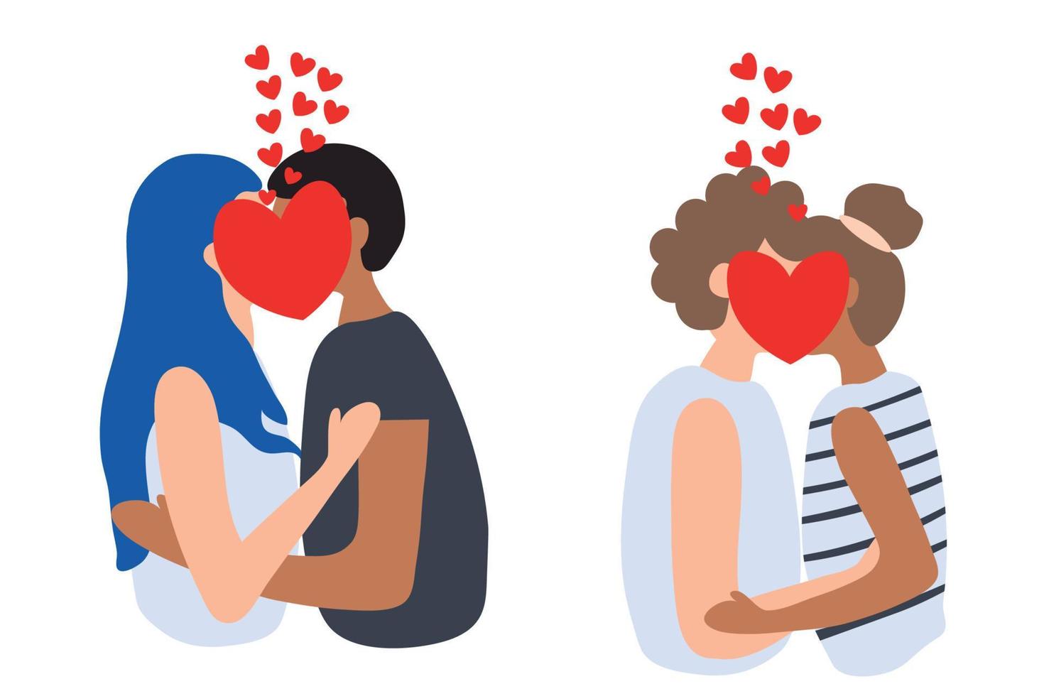 le coppie innamorate si baciano. ragazzi con ragazze.abbracci e baci gentili. illustrazione vettoriale isolato su sfondo bianco. concetto di San Valentino. isolato su sfondo bianco.