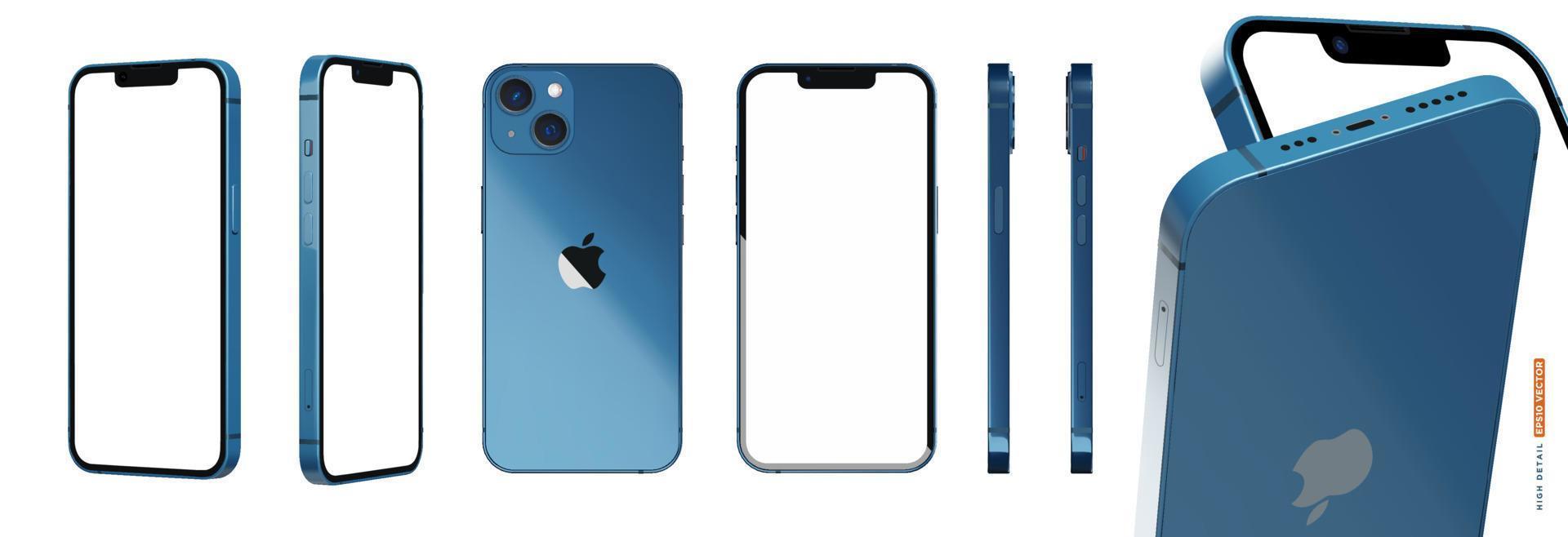 set di mockup vettoriali realistici 3d di colore blu iphone 13