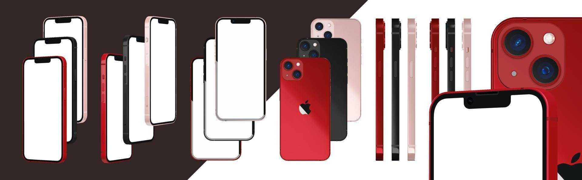 iphone 13 nero, rosa e prodotto rosso colore 3d realistico vettore mockup set