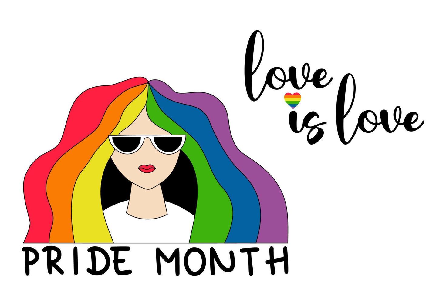 mese dell'orgoglio lgbt. l'amore è amore. ragazza lesbica con gli occhiali neri con i capelli arcobaleno. bandiera dell'orgoglio lgbt nei colori dell'arcobaleno. diritti umani e tolleranza. illustrazione vettoriale. simbolo lgbtq. celebrazione strepitosa. vettore