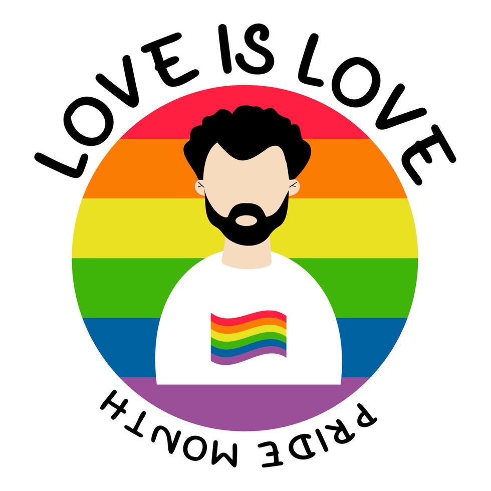 mese dell'orgoglio lgbt. l'amore è amore. bellissimo uomo gay sulla bandiera rotonda dell'orgoglio lgbt nei colori dell'arcobaleno. simbolo lgbtq. diritti umani e tolleranza. illustrazione vettoriale. celebrazione groovy della parata gay. vettore