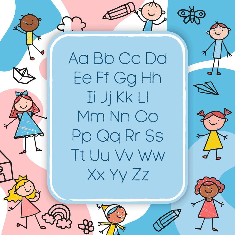 foglio di lavoro delle lettere dell'alfabeto con tutte le lettere dell'alfabeto. pratica di scrittura di base per la carta dei bambini dell'asilo pronta per stampare l'illustrazione di vettore. bambini materiale didattico disegno a mano personaggio dei cartoni animati vettore