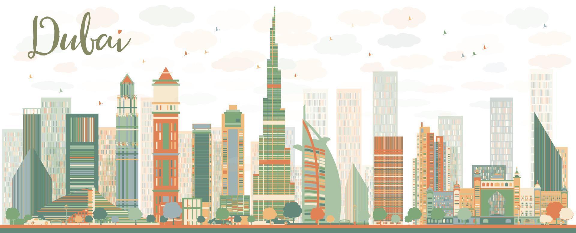skyline astratto della città di dubai con grattacieli colorati vettore
