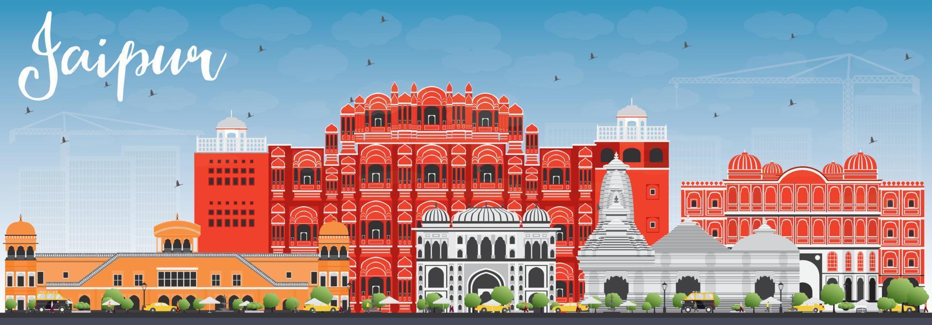 skyline di jaipur con punti di riferimento a colori e cielo blu. vettore