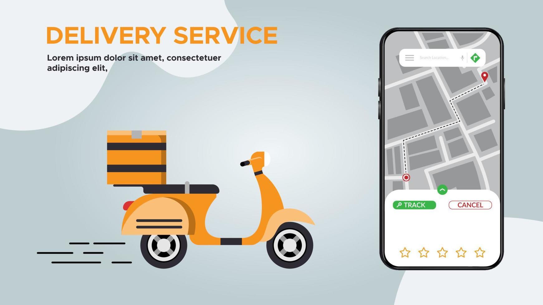 servizio di consegna monitoraggio online tramite scooter su app mobile, servizio di consegna di ordini logistici per pacchi, app mobile di illustrazione vettoriale. vettore