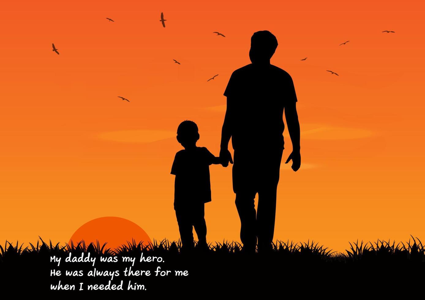 silhouette grafica padre che tiene i giovani sulle mani all'aperto del tramonto con erba a terra per illustrazione vettoriale biglietto di auguri